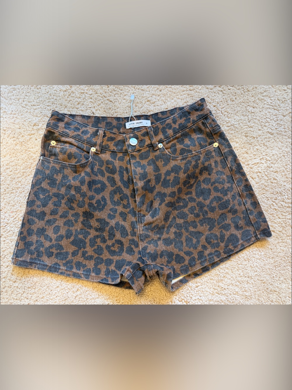 NEW 12th Tribe Leopard-Print High-Rise Denim Shorts - Brown & Black